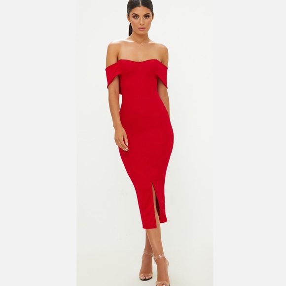 NWT Pretty Little Thing Strapless Off Shoulder Red Bodycon Midi Dress XS - Picture 4 of 11
